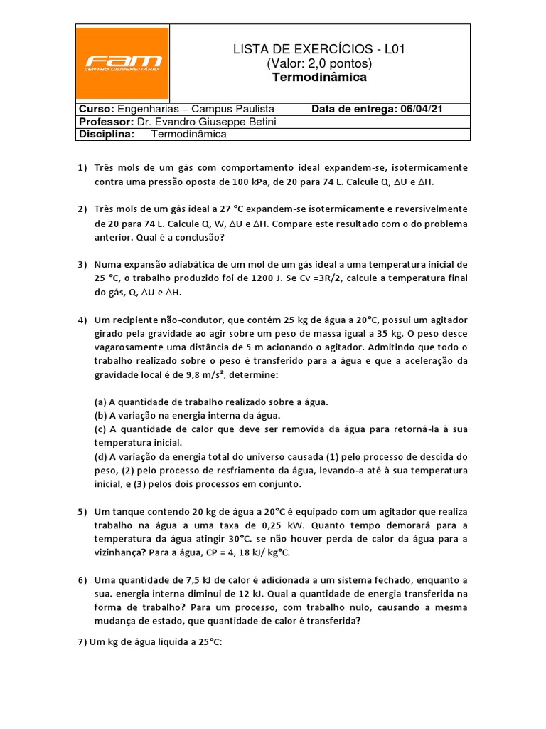 Exercícios de Termodinâmica e Calor | PDF | Temperatura | Calor