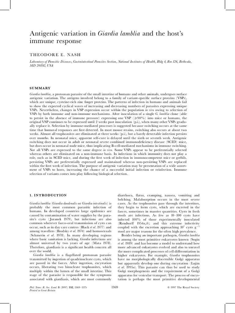 1997Antigenic Variation in Giardia Lamblia and The Host's Immune