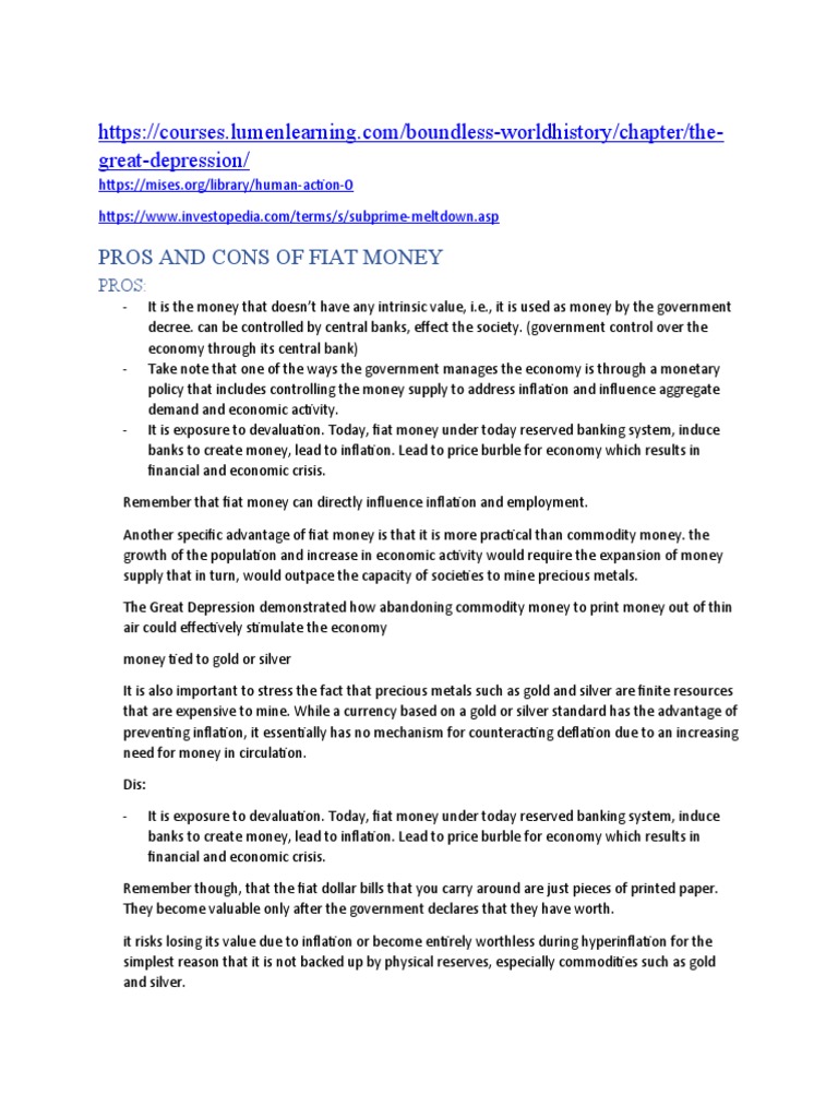 Great-Depression/: Pros and Cons of Fiat Money | PDF | Fiat Money | Money