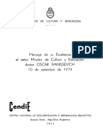 Ivanissevich, Oscar, Mensaje de Su Excelencia El Señor Ministro...