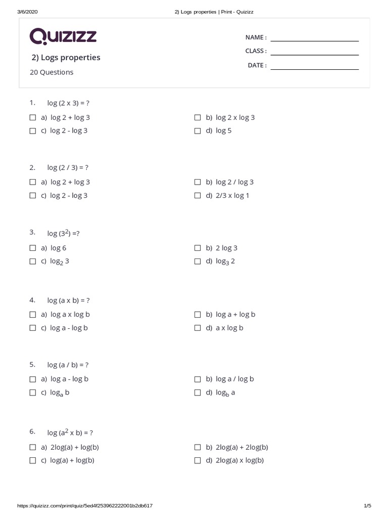 2) Logs Properties Print Quizizz PDF Logarithm Combinatorics