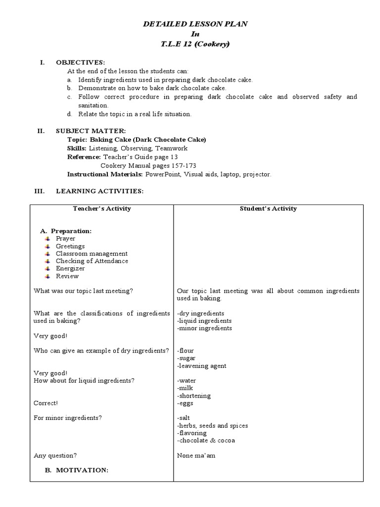Detailed Lesson Plan in T.L.E 12 (Cookery) : I. Objectives | PDF ...
