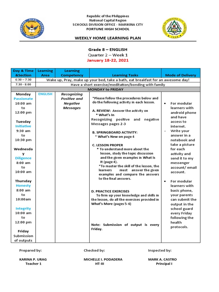 Weekly Home Learning Plan Grade 8 - ENGLISH: Quarter 2 - Week 1 | PDF ...