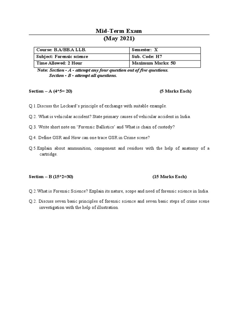 Forensic Science Exam Question PDF