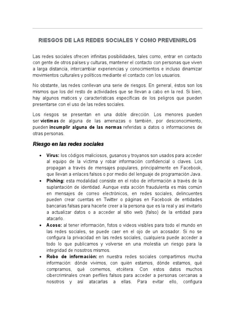 Riesgos de Las Redes Sociales y Como Prevenirlos | PDF | Suplantación ...