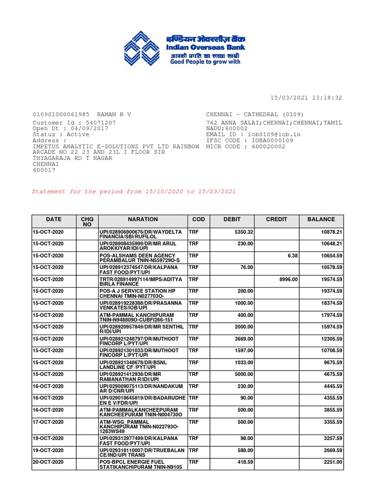 IOB UPI Transactions Statement | PDF | Business | Transport