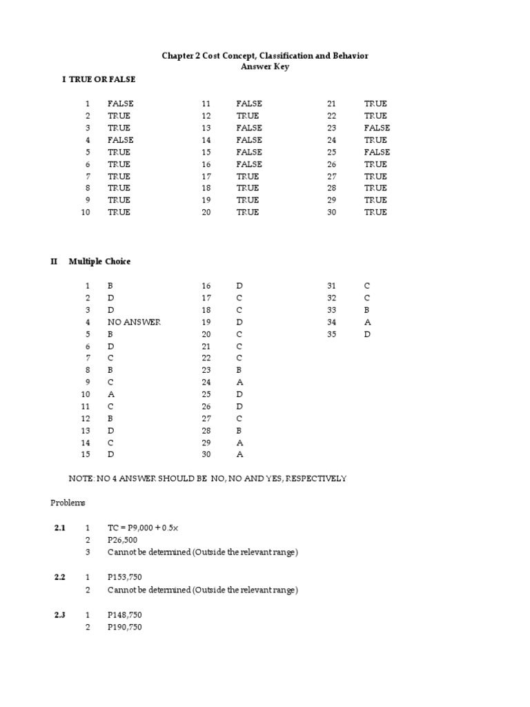 Chapter 2 Cost Concept, Classification and Behavior Answer Key | PDF