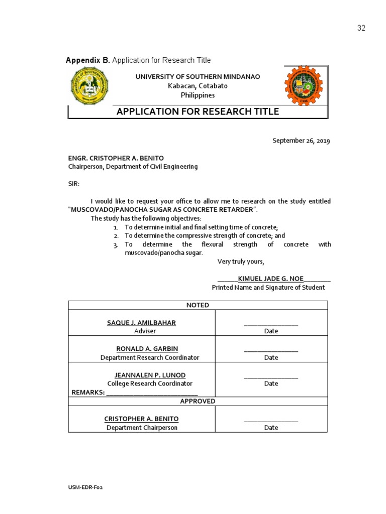 Appendix B. Application For Research Title | PDF