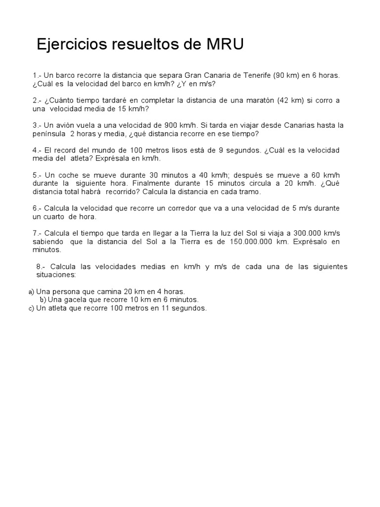 Ejercicios de MRU | PDF | Naturaleza | Enseñanza de matemática