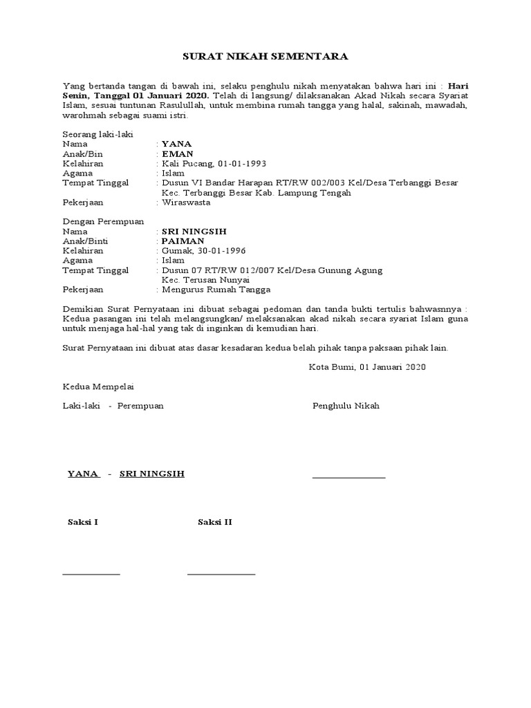 surat nikah sementara