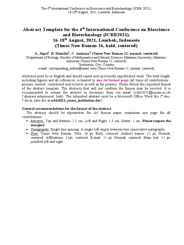 Format Abstrak The 4th ICBB 2021 | PDF | Science & Mathematics