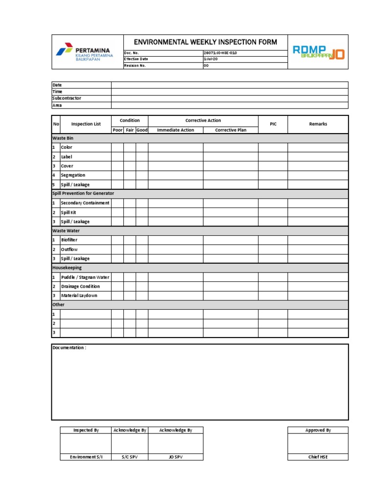 JO HSE 010 Environmental Weekly Inspection | PDF