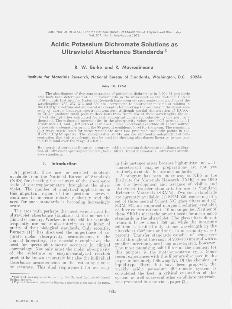 Acidic Potassium Dichromate Solutions As Ultraviolet Absorbance
