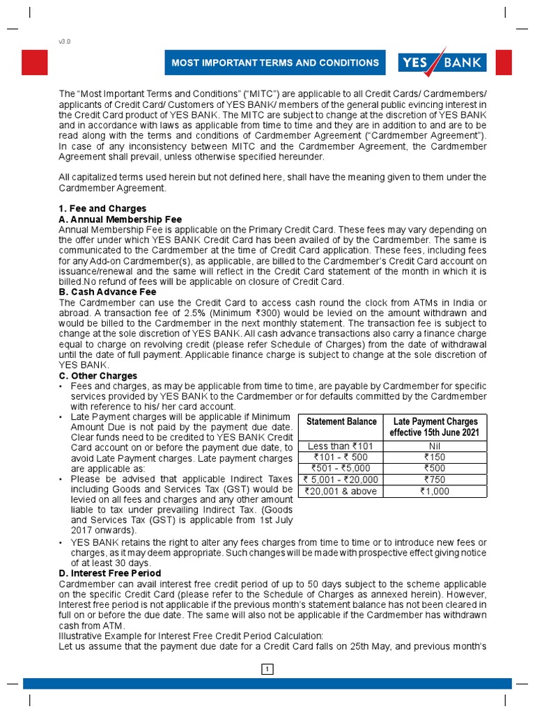 YES BANK Credit Card Terms Overview | PDF | Credit Card | Payments