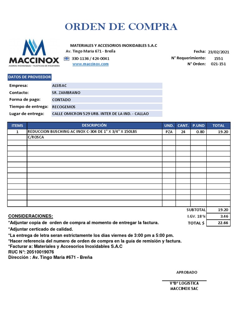 Orden de Compra y Factura Ejemplo | PDF