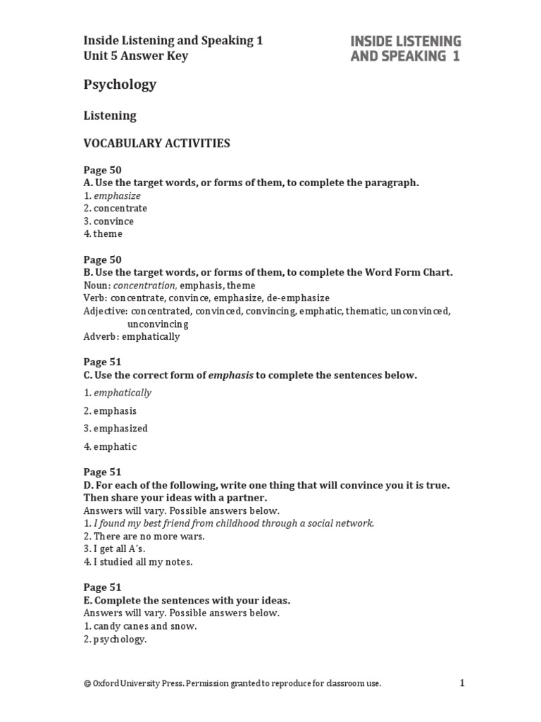 Psychology: Inside Listening and Speaking 1 Unit 5 Answer Key | PDF ...