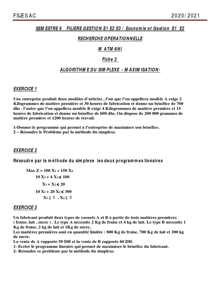Maximisation avec l'algorithme du simplexe | PDF | Affaires ...
