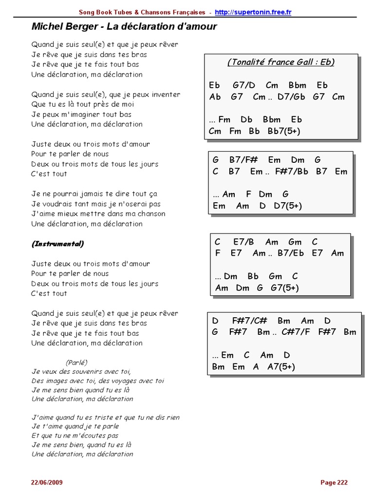 Partition Michel Berger Quelques Mots D Amour Michel Berger - La Déclaration D'amour | PDF