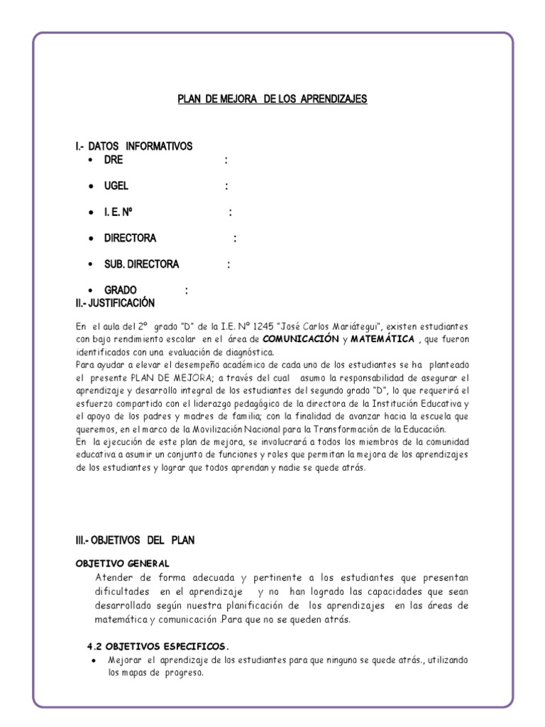 Plan de Mejora para 2º Grado de Primaria | PDF | Modificación de ...