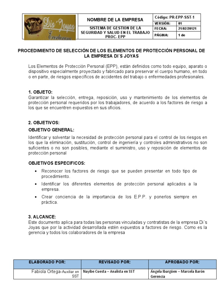 Procedimiento de EPP en Di's Joyas | PDF | Empresas | Riesgo