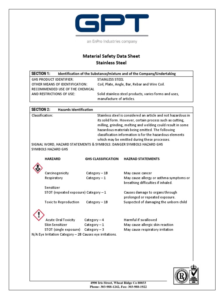 Stainless Steel Material Safety Data Sheet 0 PDF Chromium Toxicity
