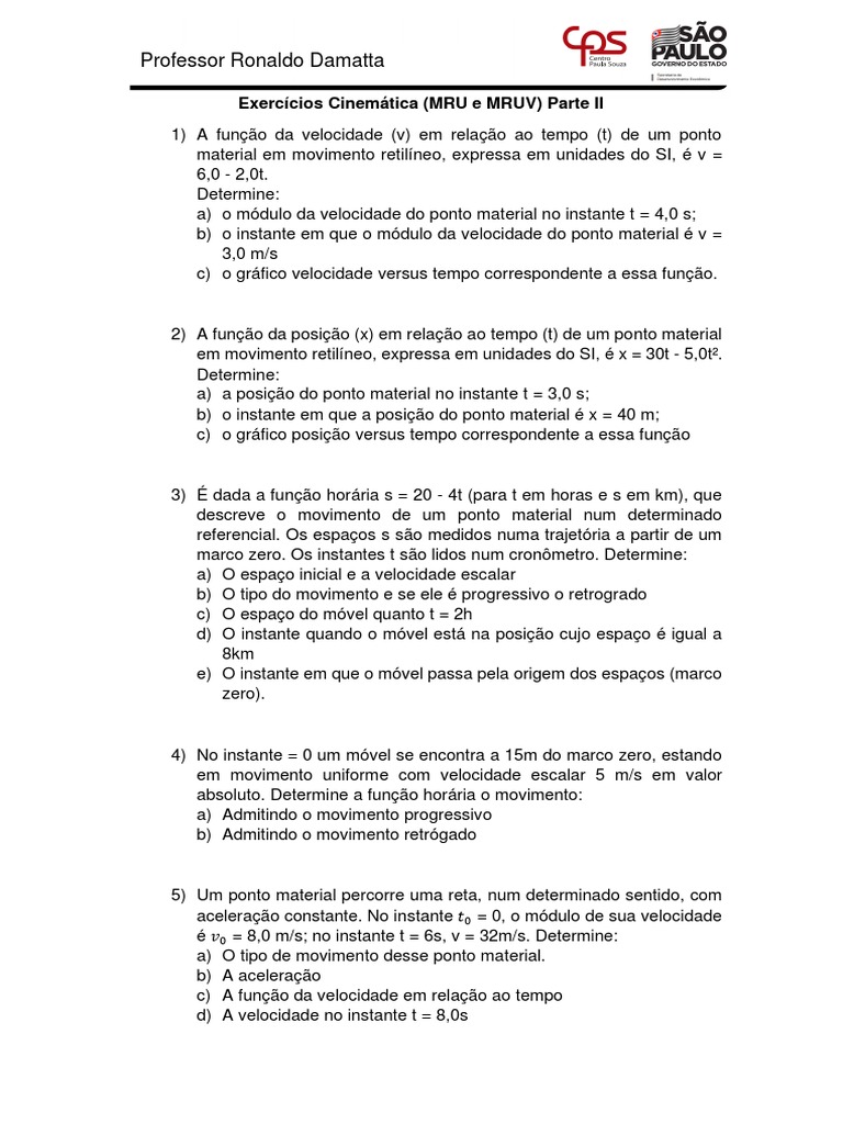 Exercícios de MRU e MRUV - Parte II | PDF | Velocidade | Metrologia