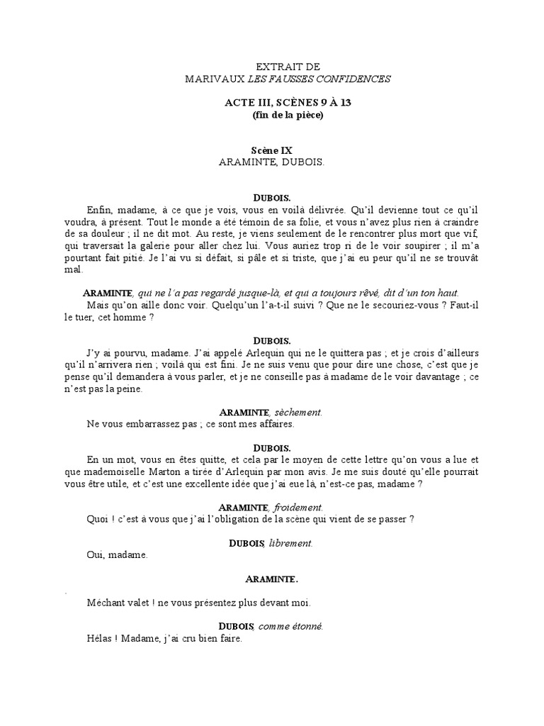 Les Fausses Confidences Acte 2 Scène 13 Marivaux, Les Fausses Confidences (Acte III, Scènes 9 À 13) | PDF