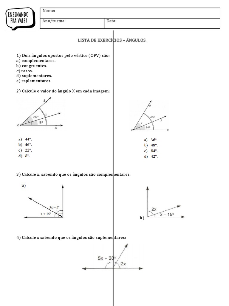 Exercícios de Ângulos - 7º Ano | PDF | Métodos e Materiais de Ensino