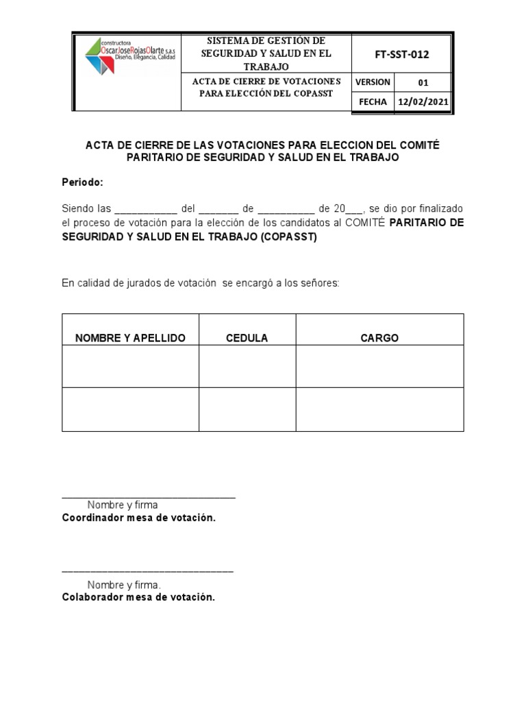 Formato Acta de Cierre de Votaciones COPASST | PDF