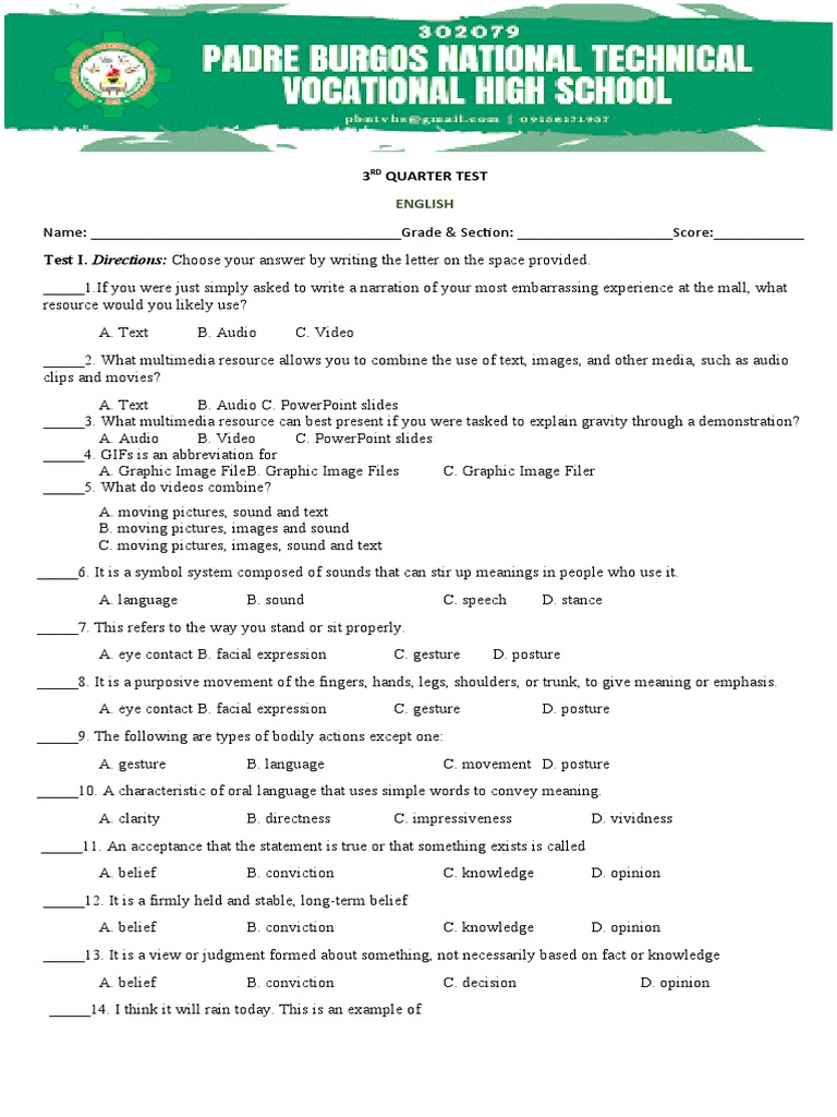 3rd Quarter Test English | PDF | Multimedia | Gesture