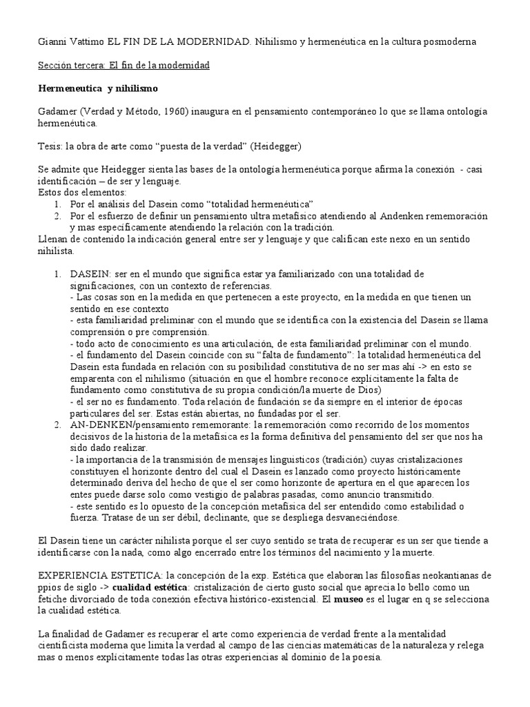 Gianni Vattimo EL FIN DE LA MODERNIDAD PDF Hermenéutica Martin Heidegger