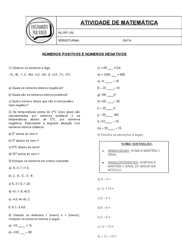 7o Ano - Exercício - Números Positivos e Negativos - Lista - Novo ...
