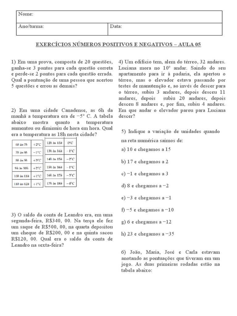 Exercícios de Números Inteiros 7º Ano | PDF | Natureza | Ensino de ...