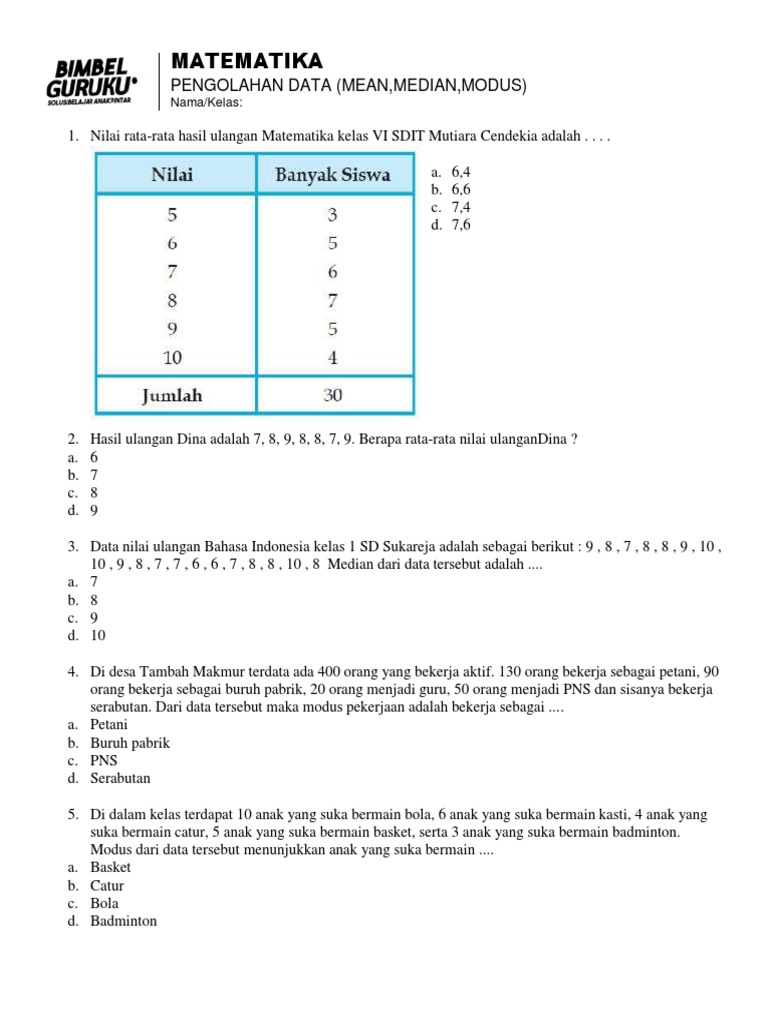 Soal Matematika Kelas 5 Pengolahan Data Pdf