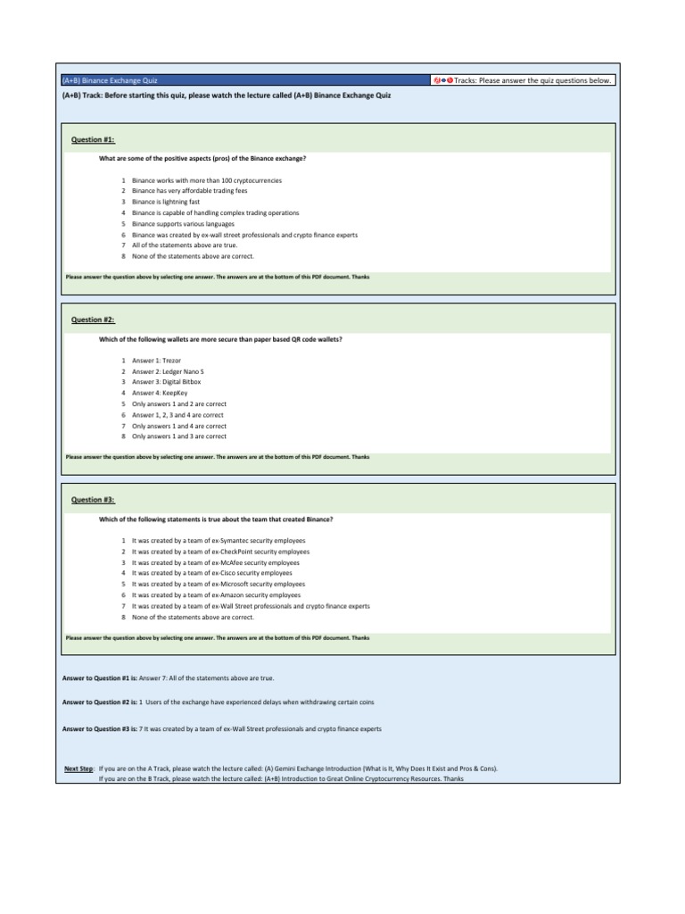 A+B) Track: Before Starting This Quiz, Please Watch The Lecture Called  (A+B) Binance Exchange Quiz | PDF | Cryptocurrency | Computing