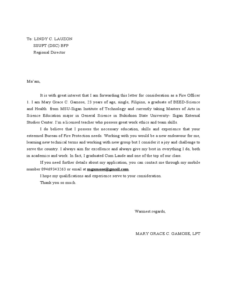 BFP Application Letter PDF