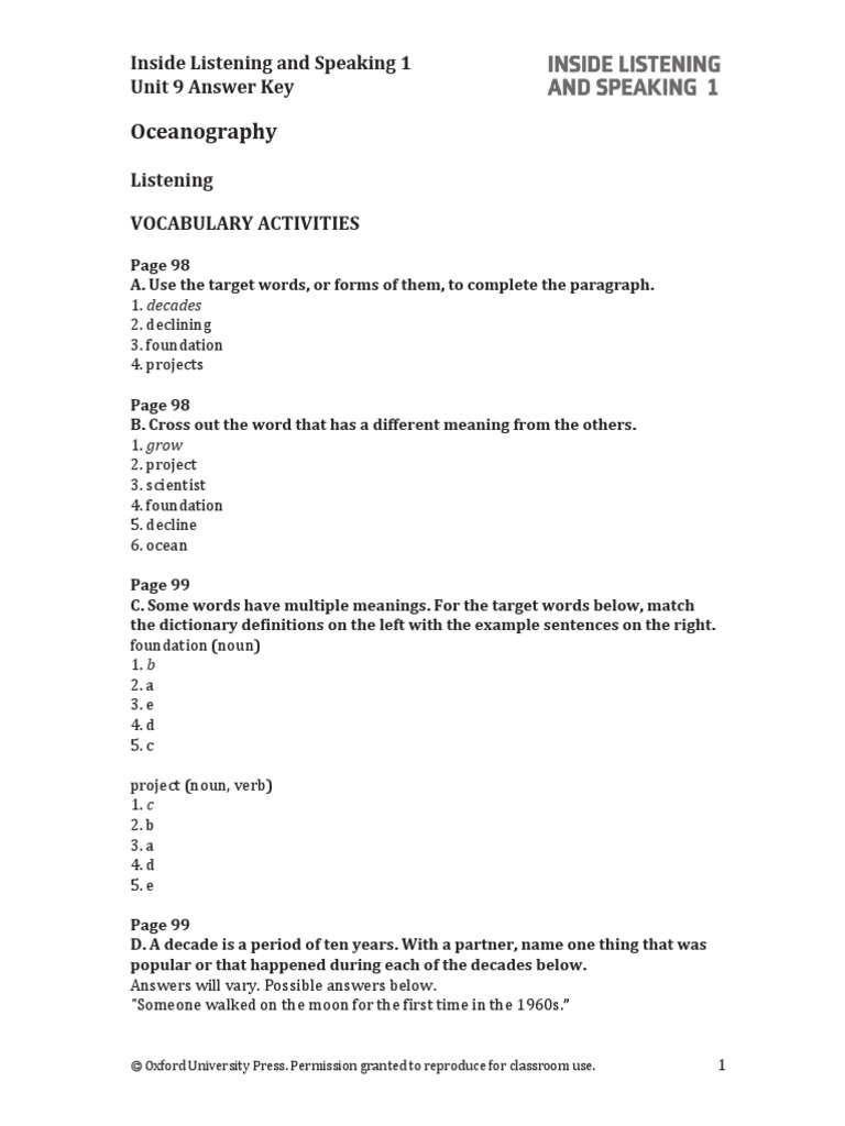 Oceanography: Inside Listening and Speaking 1 Unit 9 Answer Key | PDF ...