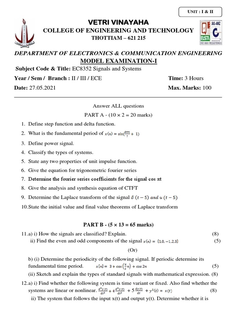 Signals and Systems Model Exam ECE | PDF | Laplace Transform | Fourier ...