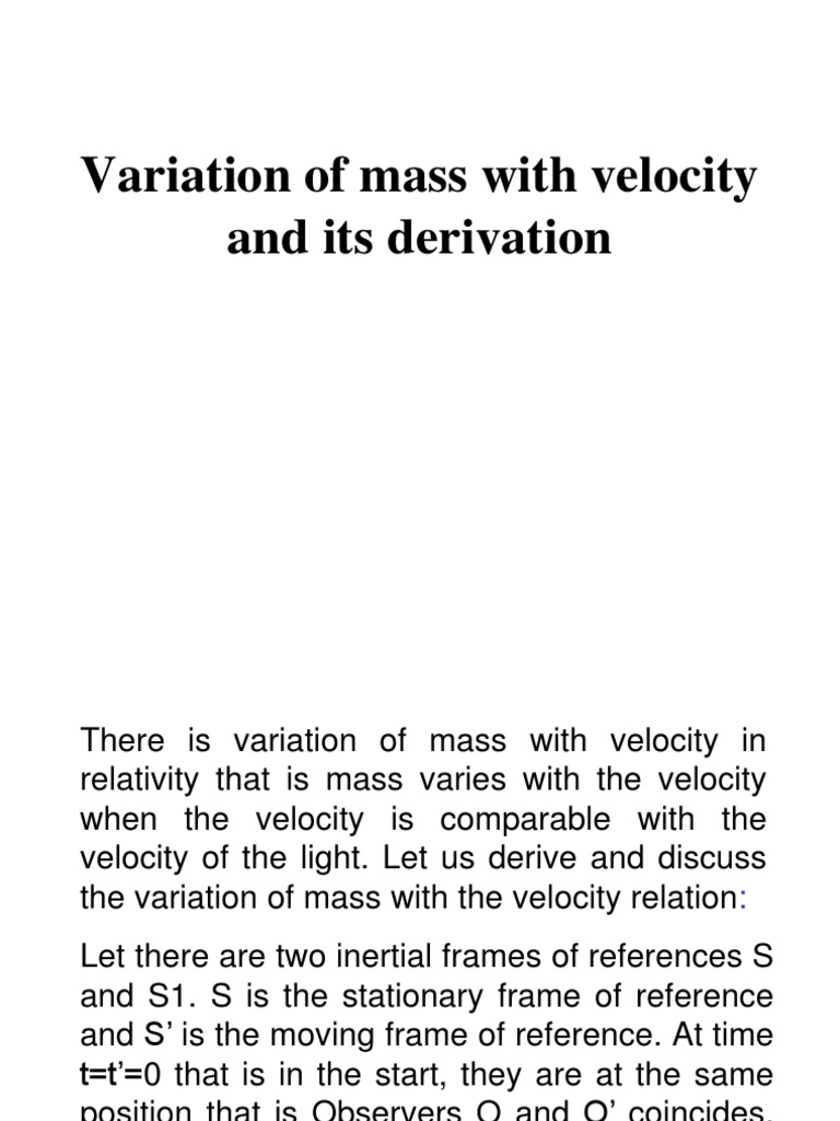 Mass Variation with Velocity Derivation | PDF | Momentum | Special ...