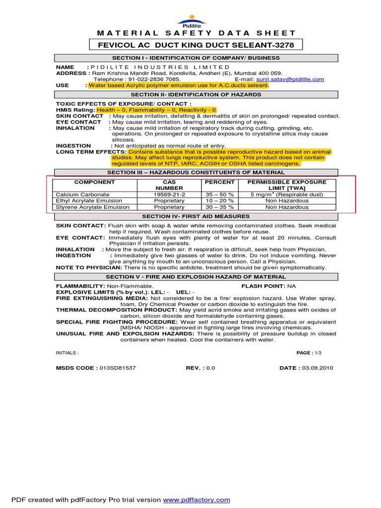 4.2 Safety Data sheetFEVICOL AC DUCT KING DUCT SELEANT3278 PDF Personal Protective