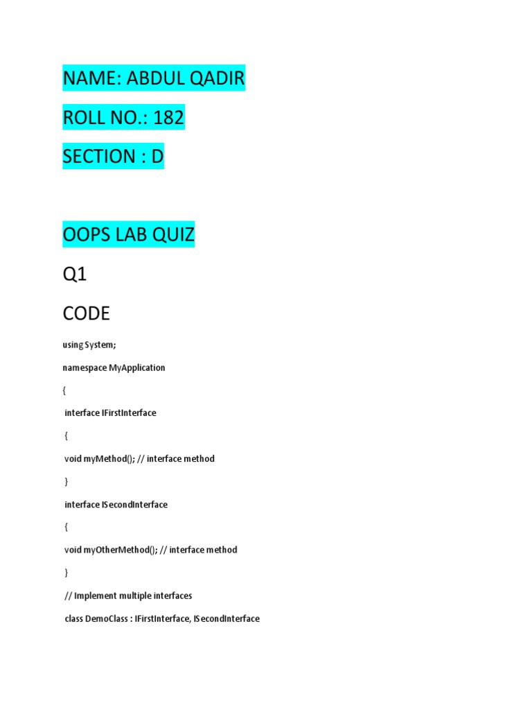Oops Lab Quiz | PDF