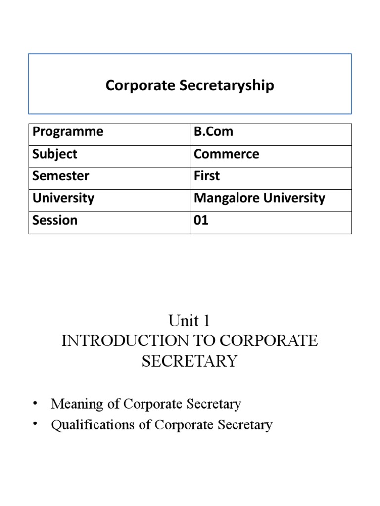 Corporate Secretaryship: Programme Subject Commerce Semester First ...