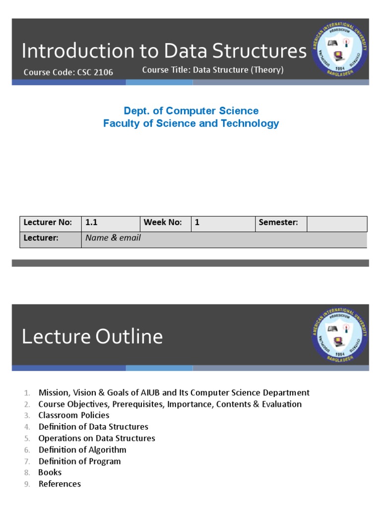 Introduction To Data Structures: Dept. of Computer Science Faculty of ...
