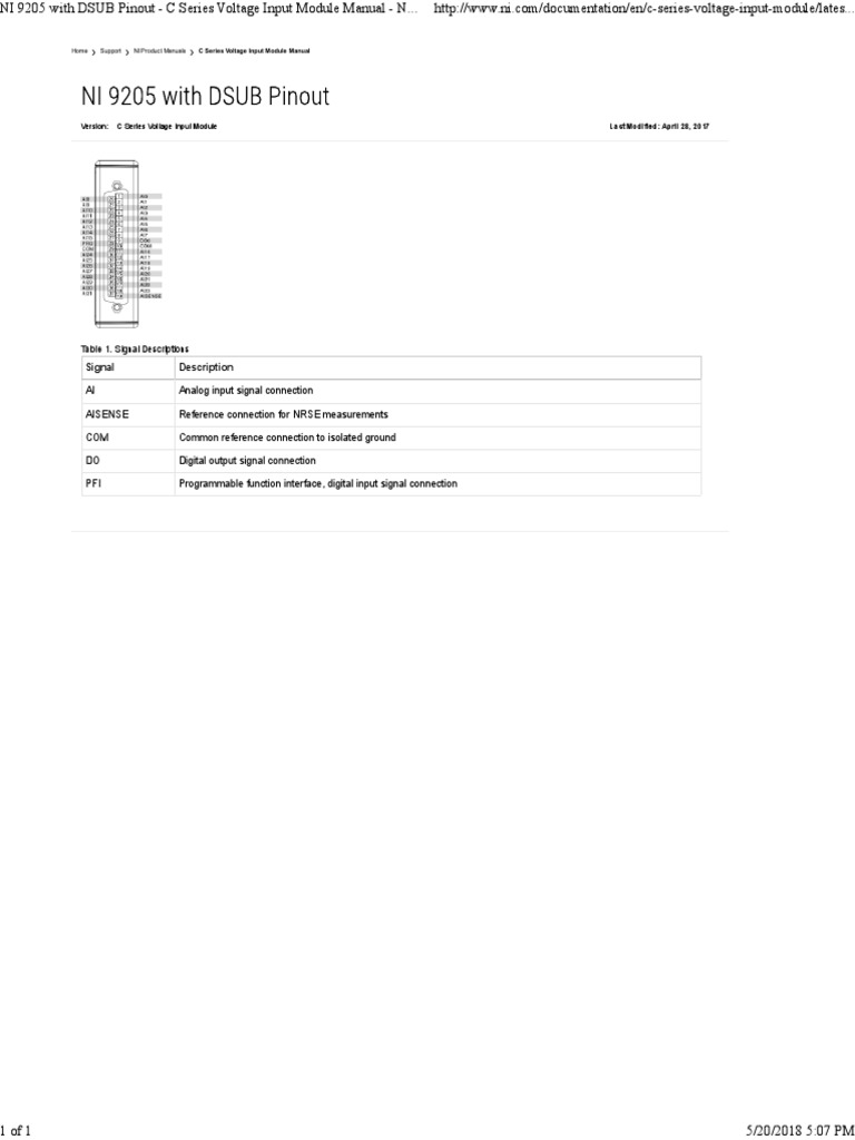 NI 9205 With DSUB Pinout C Series Voltage Input Module Manual