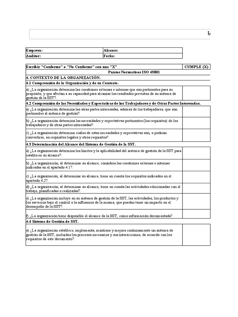 Lista Verificación Normas ISO 45001 v.2 | PDF | Planificación | Auditoría