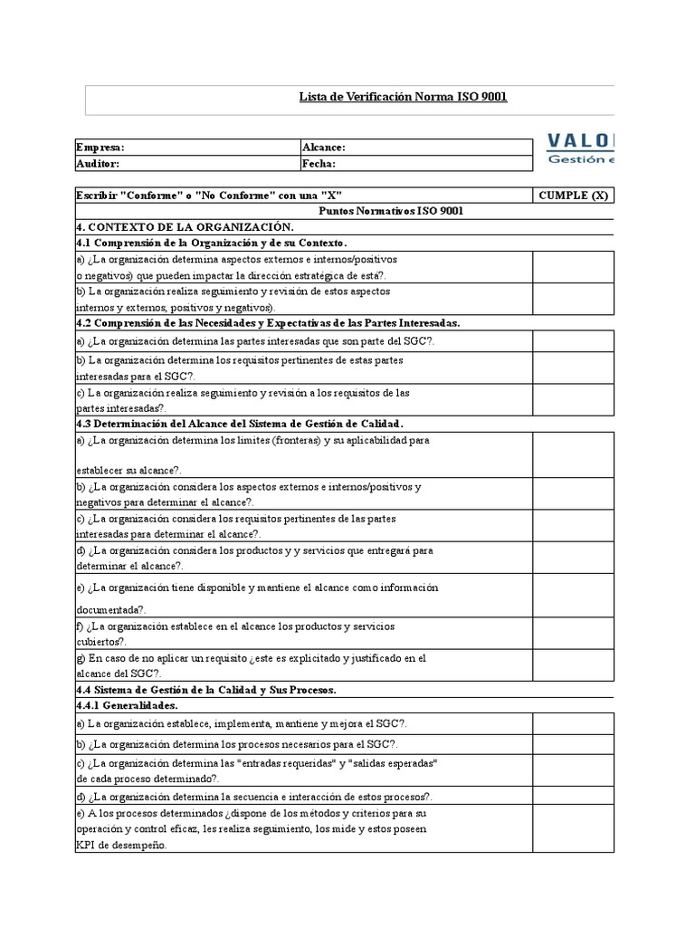 Lista Verificación Normas ISO 9001 V.2 | PDF | Calidad (comercial ...