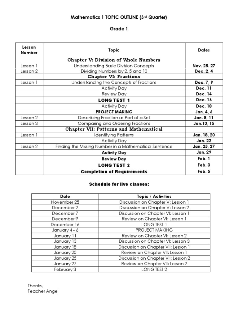 Mathematics 1 TOPIC OUTLINE 3 Quarter Grade 1 PDF Teaching