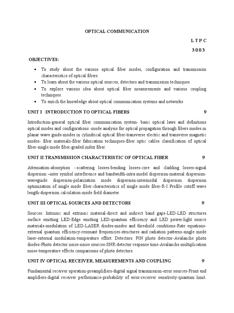 Optical Communication Course Syllabus | PDF | Optical Fiber | Optics