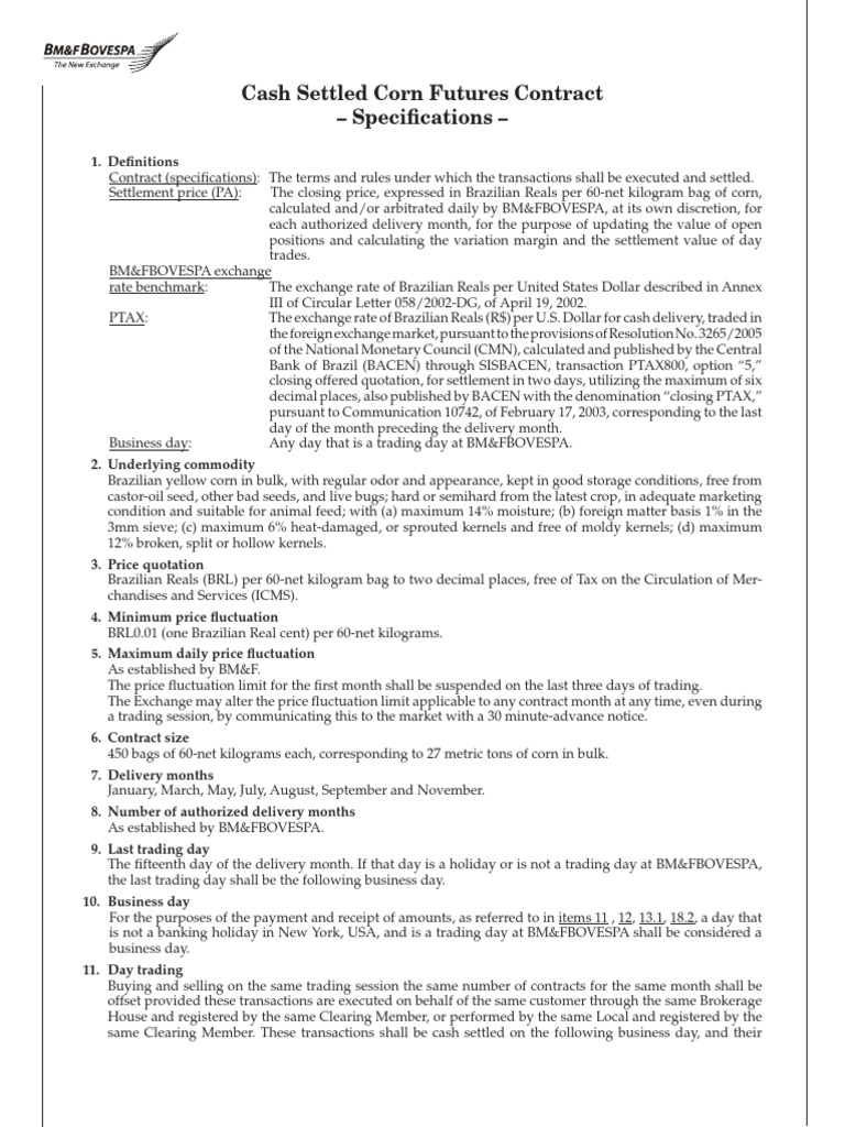 Cash Settled Corn Futures Contract Specifications PDF Margin