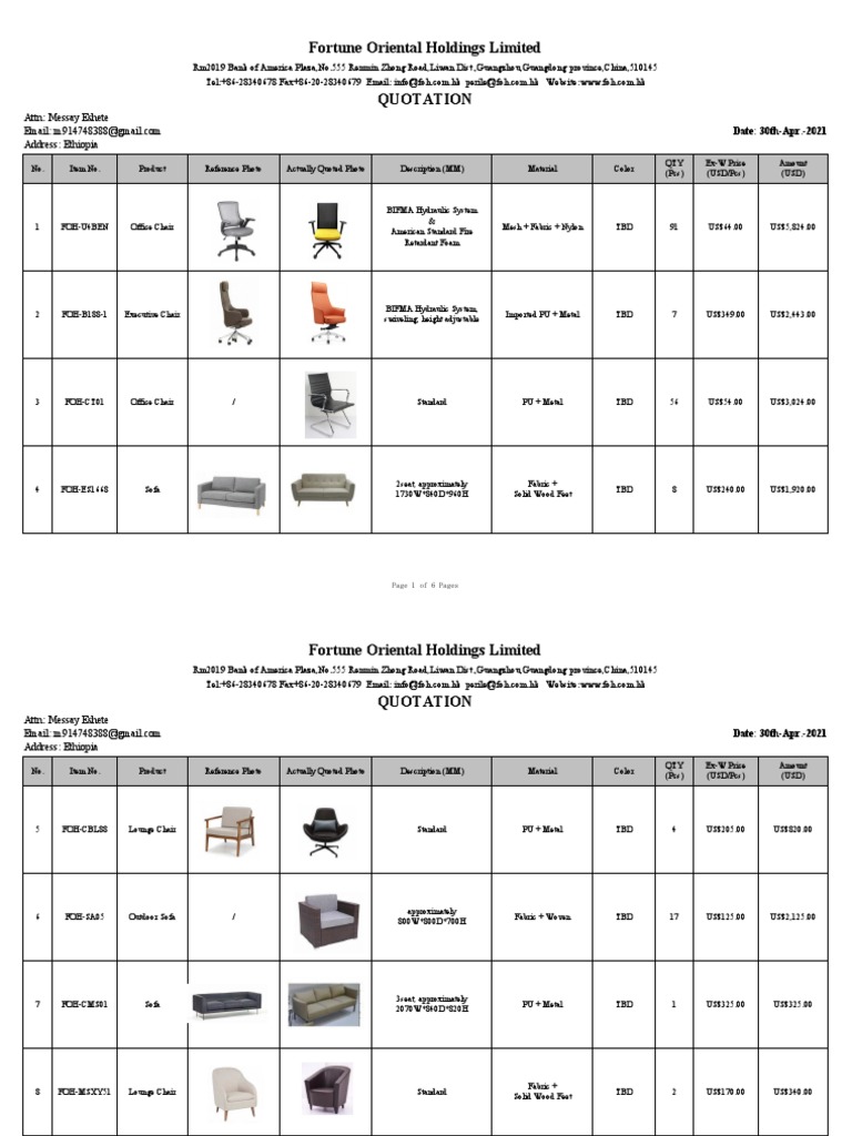 Office Furniture Quotation For Messay PDF Chair Manufactured Goods